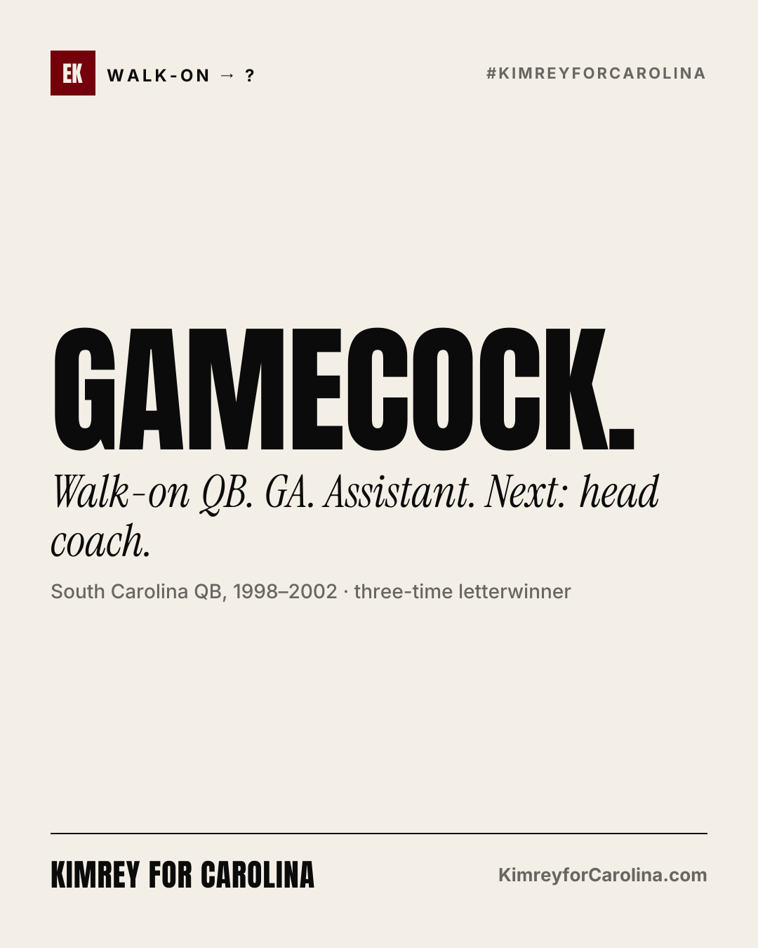 Gamecock.: Walk-on QB. GA. Assistant. Next: head coach. South Carolina QB, 1998–2002 · three-time letterwinner